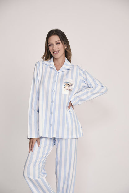 Pijama Luana Pantalón 100% algodón Premium - Buhos Domilones Celeste Colletion