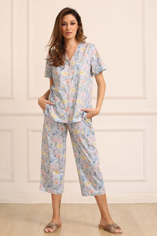 Pijama Diana Culotte 100% algodón Premium - Il Giardino Blue Collection