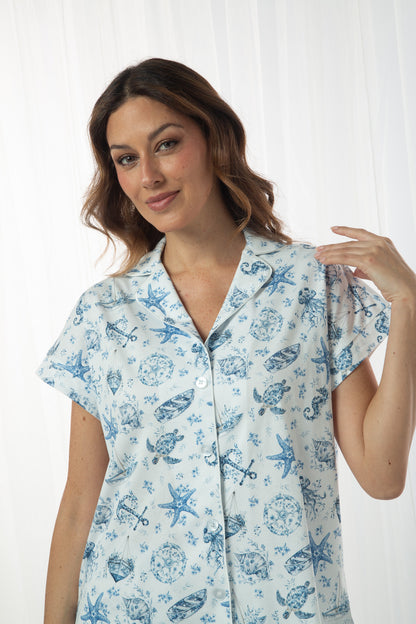 Pijama Claire Short 100% algodón Premium - Flores de Delft Collection
