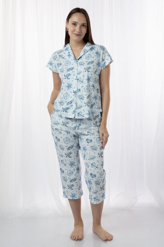 Pijama Claire Culotte 100% algodón Premium - Flores de Delft Collection