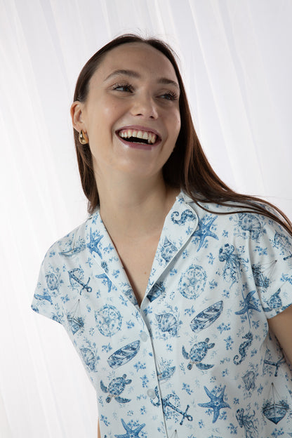 Pijama Claire Culotte 100% algodón Premium - Flores de Delft Collection
